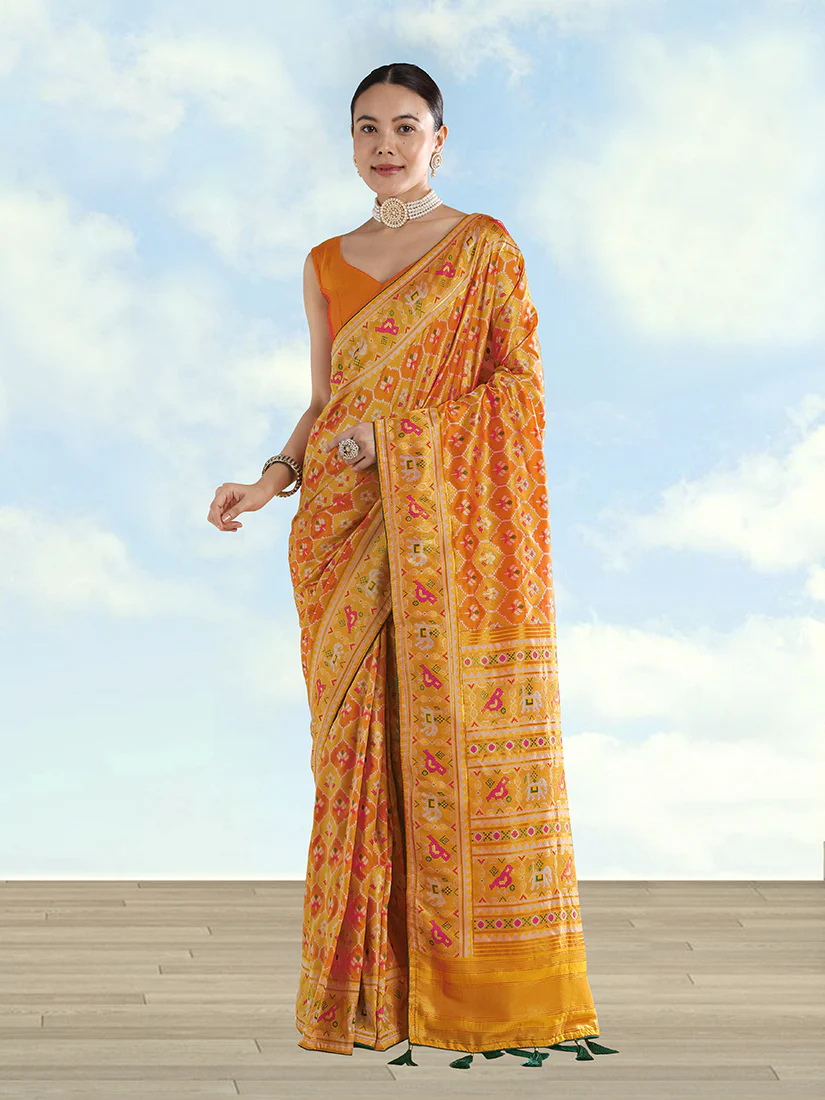 Monjolika Fashion Mustard Satin Silk Saree With Patola Work And Elephant Motifs