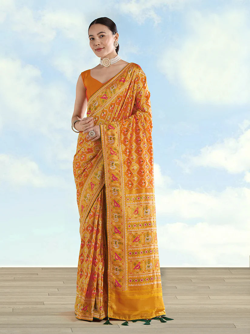 Monjolika Fashion Mustard Satin Silk Saree With Patola Work And Elephant Motifs - Image 2