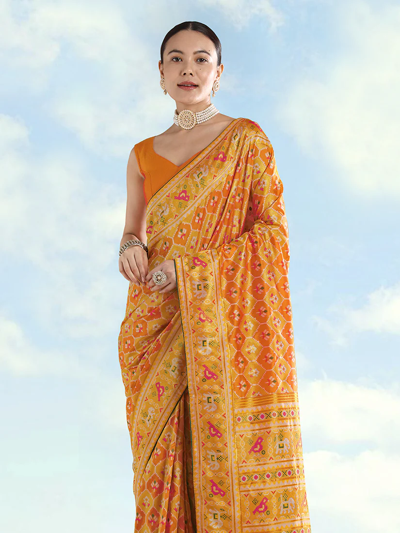 Monjolika Fashion Mustard Satin Silk Saree With Patola Work And Elephant Motifs - Image 3
