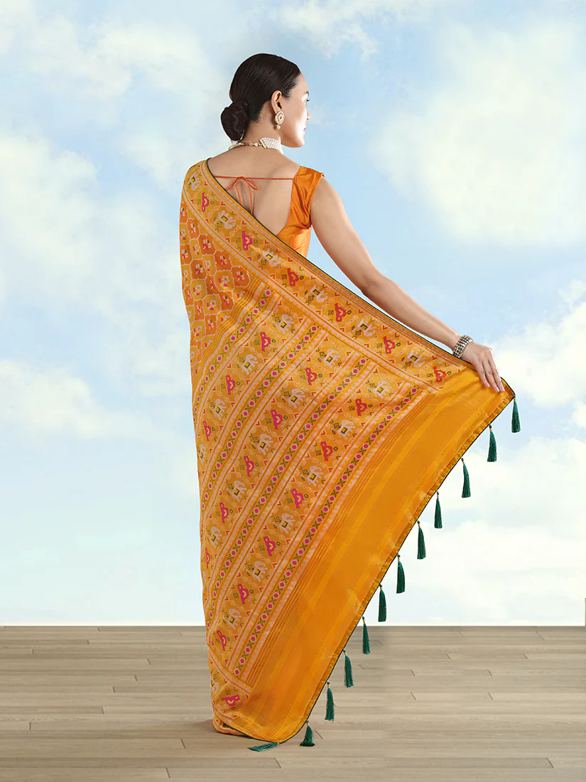 Monjolika Fashion Mustard Satin Silk Saree With Patola Work And Elephant Motifs - Image 5