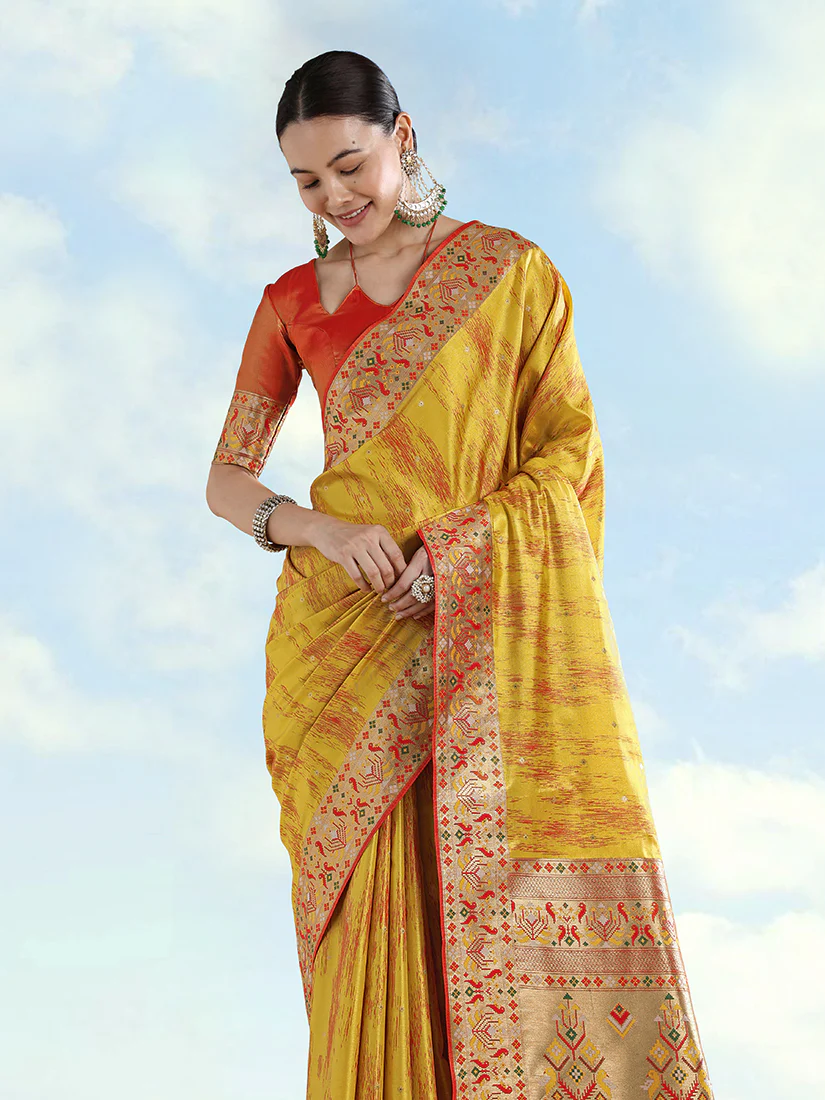 Monjolika Fashion Mustard Yellow Color Banarasi Tissue Silk Paithani Woven Saree - Image 2