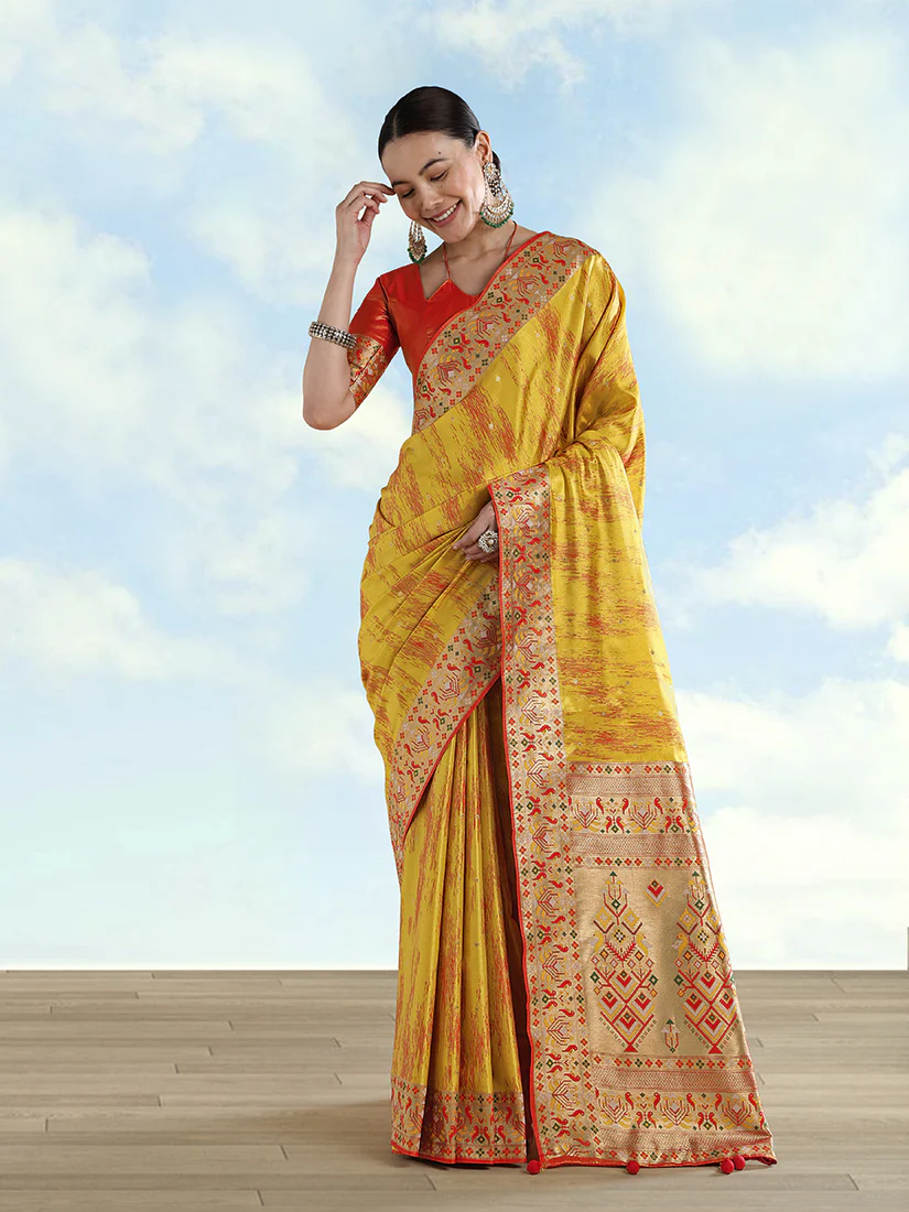 Monjolika Fashion Mustard Yellow Color Banarasi Tissue Silk Paithani Woven Saree - Image 3