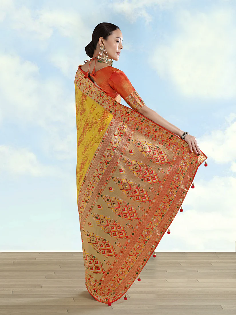 Monjolika Fashion Mustard Yellow Color Banarasi Tissue Silk Paithani Woven Saree - Image 4
