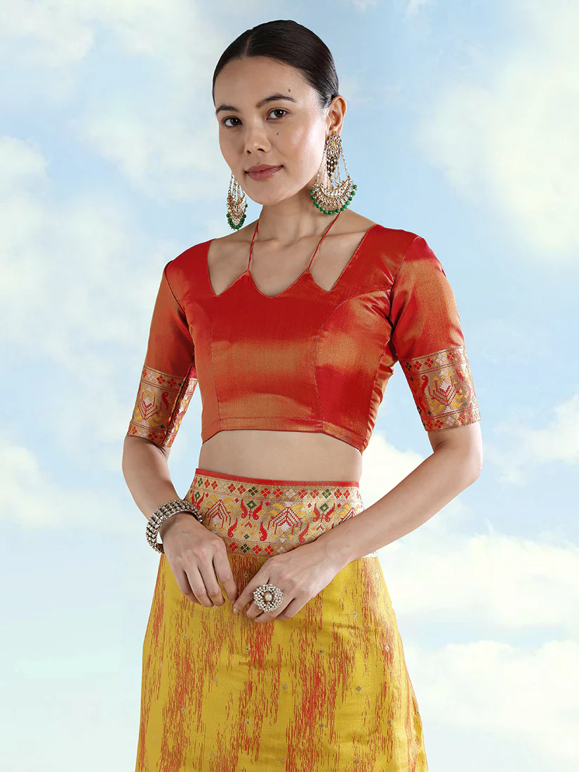 Monjolika Fashion Mustard Yellow Color Banarasi Tissue Silk Paithani Woven Saree - Image 5