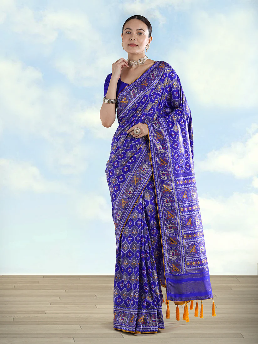 Monjolika Fashion Navy Blue Satin Silk Saree With Patola Work And Elephant Motifs - Image 3