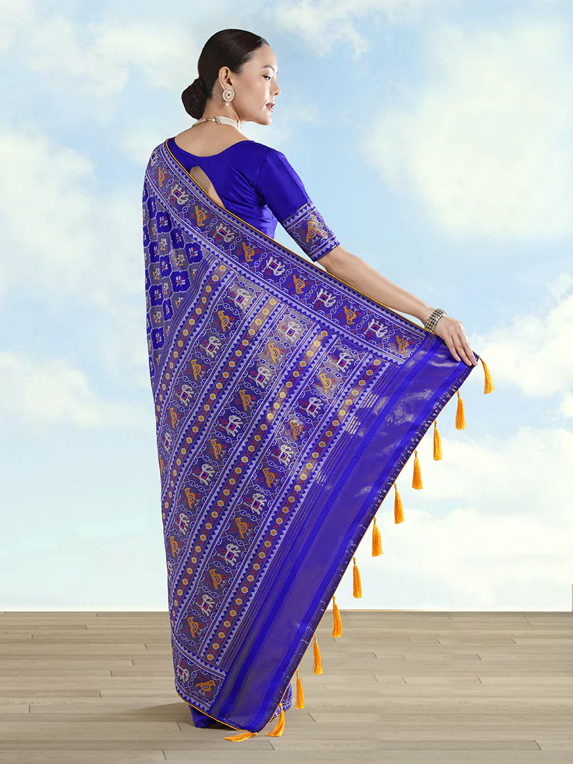 Monjolika Fashion Navy Blue Satin Silk Saree With Patola Work And Elephant Motifs - Image 4