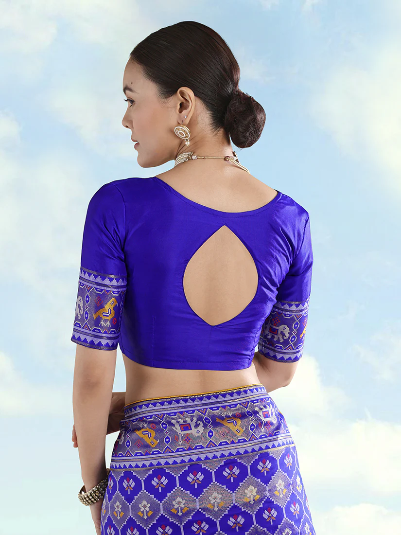 Monjolika Fashion Navy Blue Satin Silk Saree With Patola Work And Elephant Motifs - Image 6