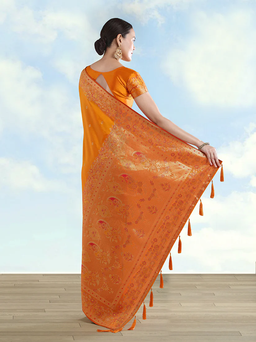 Monjolika Fashion Orange Banarasi Satin Silk Saree With Zari Border And Butti Work - Image 2