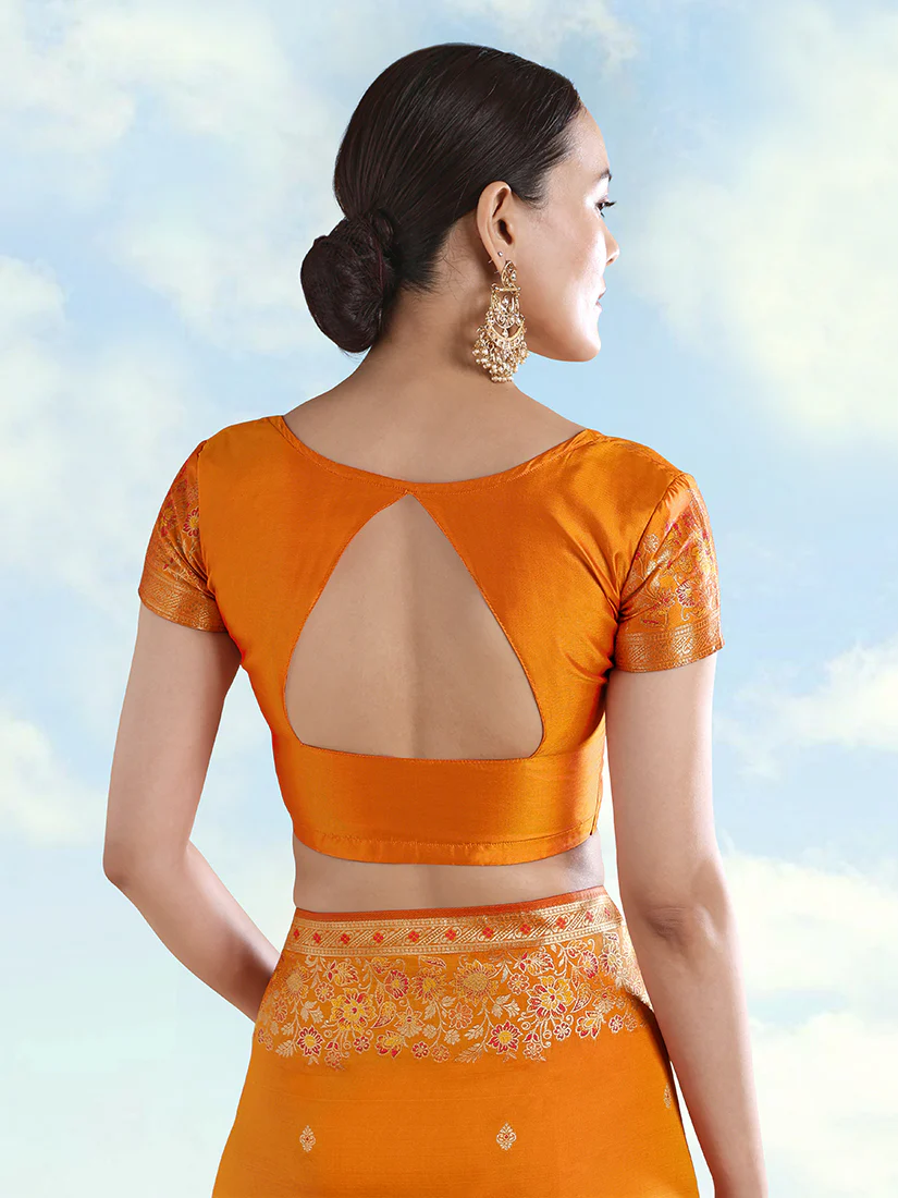 Monjolika Fashion Orange Banarasi Satin Silk Saree With Zari Border And Butti Work - Image 3