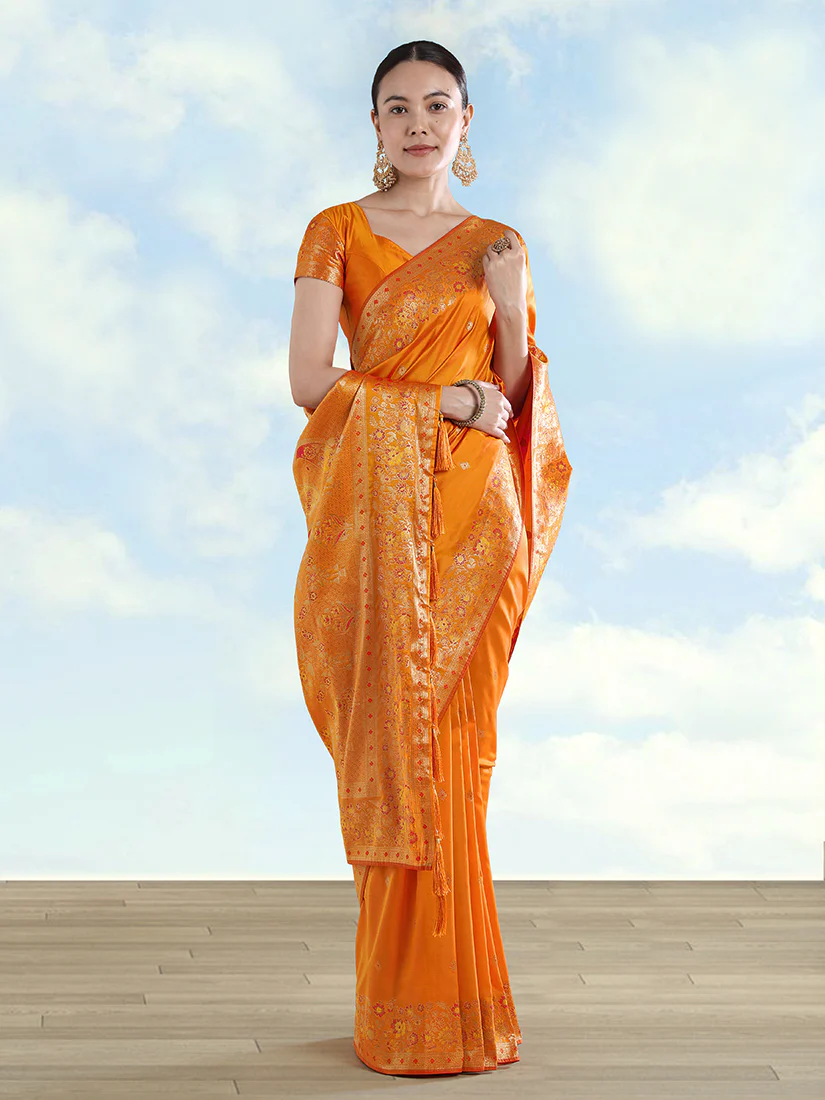 Monjolika Fashion Orange Banarasi Satin Silk Saree With Zari Border And Butti Work - Image 4