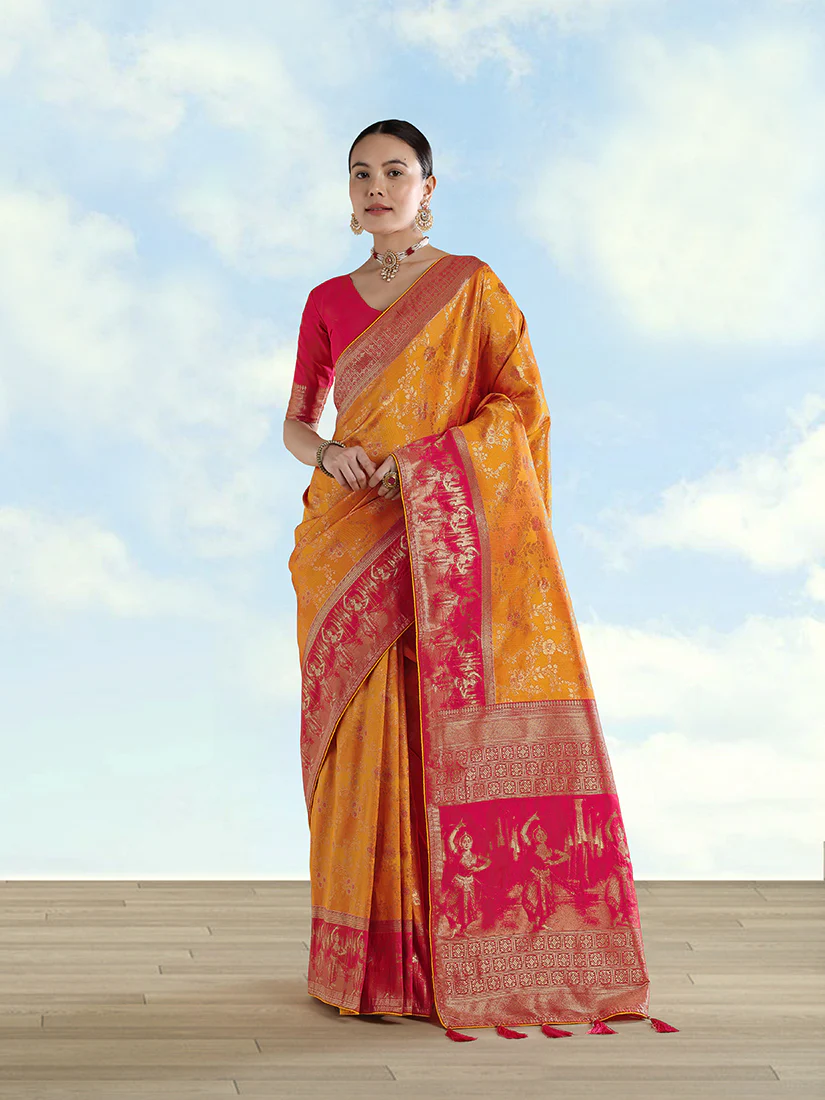 Monjolika Fashion Orange Banarasi Silk Saree With Zari Woven Design - Image 2