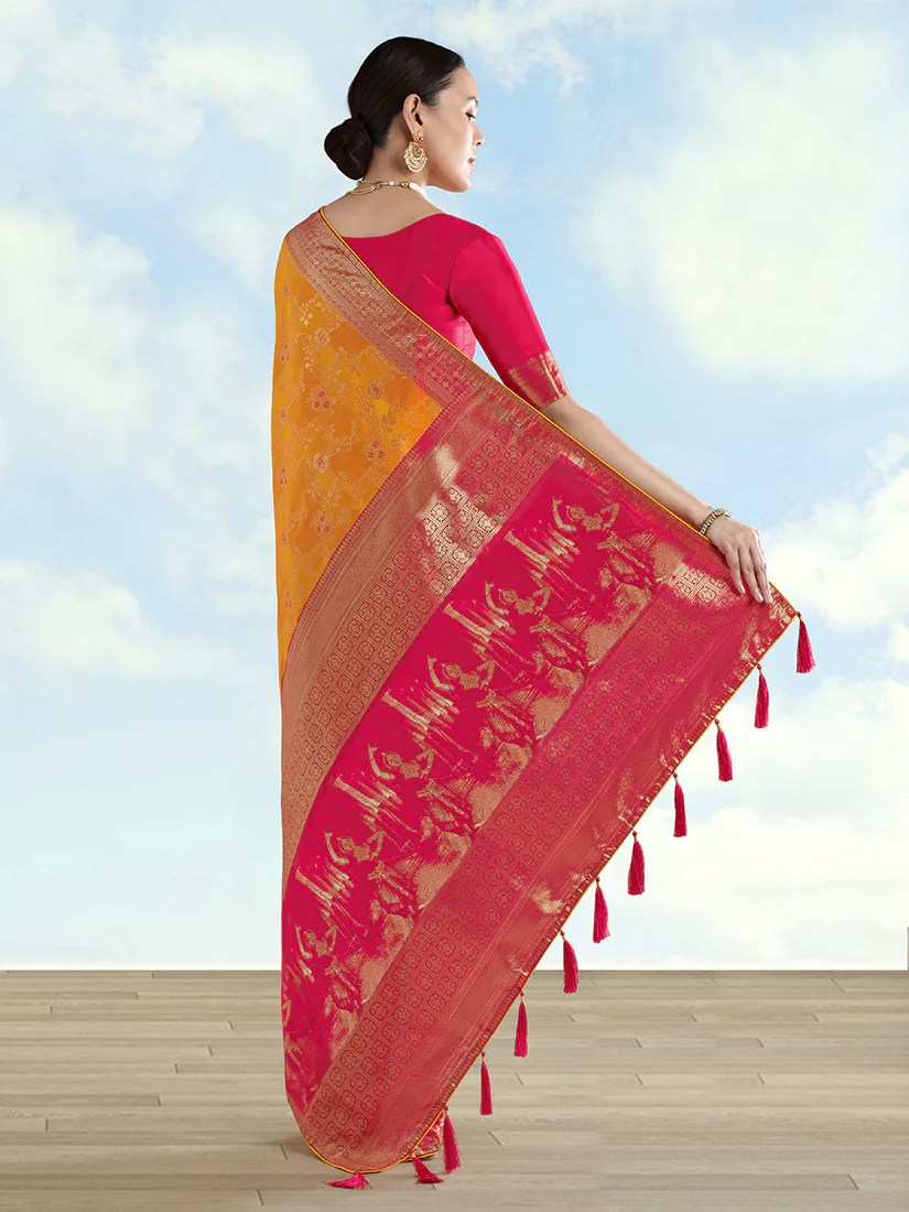 Monjolika Fashion Orange Banarasi Silk Saree With Zari Woven Design - Image 3