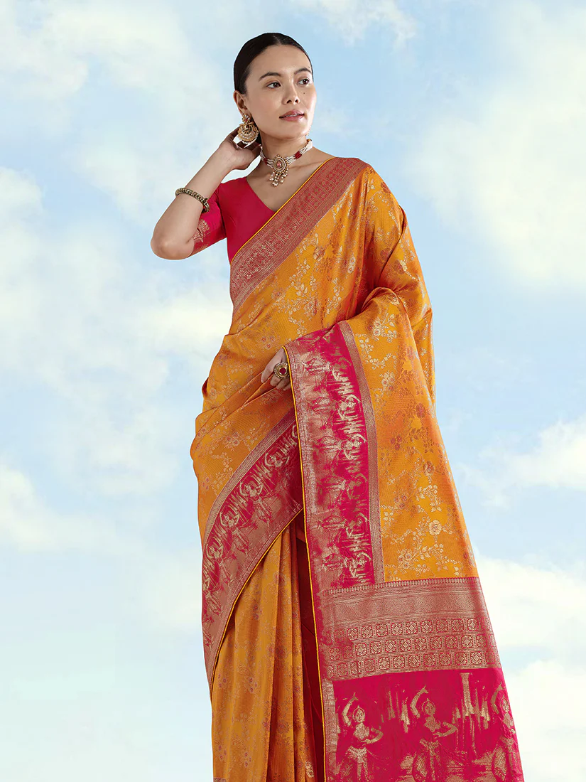 Monjolika Fashion Orange Banarasi Silk Saree With Zari Woven Design - Image 4