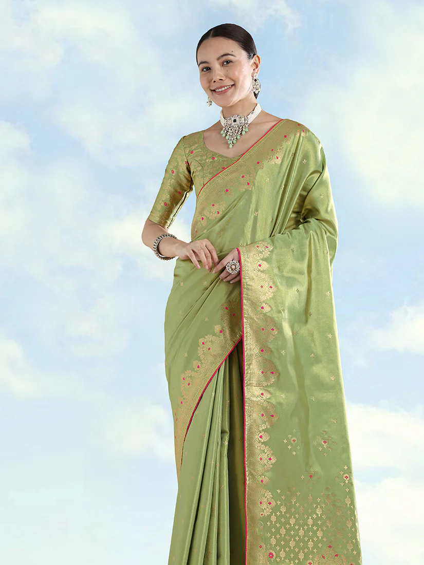 Monjolika Fashion Parrot Green Color Paisley Zari Woven Banarasi Tissue Silk Saree - Image 3