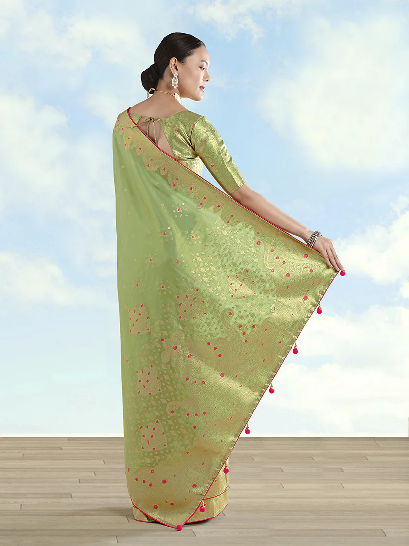 Monjolika Fashion Parrot Green Color Paisley Zari Woven Banarasi Tissue Silk Saree - Image 5