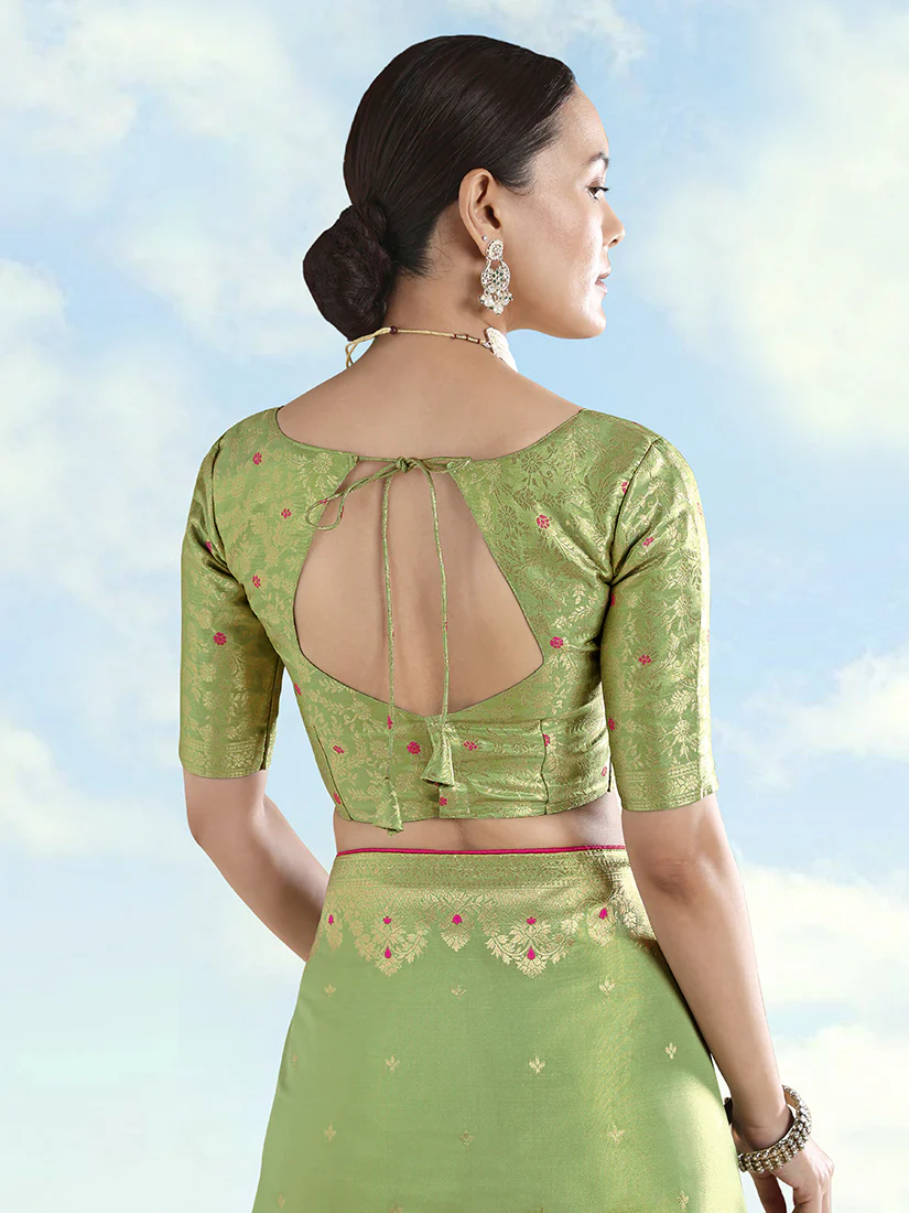 Monjolika Fashion Parrot Green Color Paisley Zari Woven Banarasi Tissue Silk Saree - Image 6