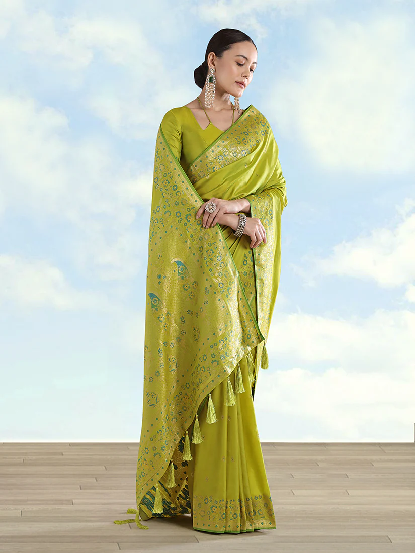 Monjolika Fashion Pear Banarasi Satin Silk Saree With Zari Border And Butti Work - Image 2