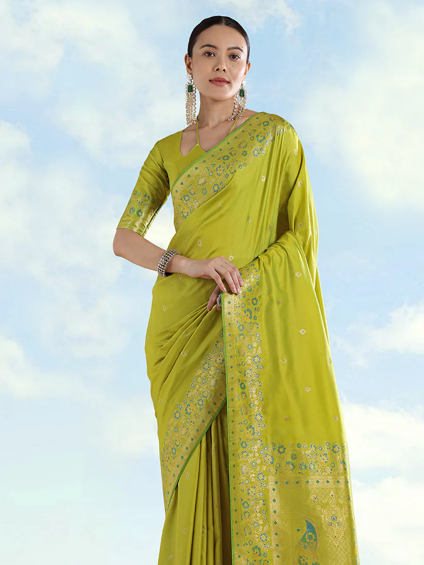 Monjolika Fashion Pear Banarasi Satin Silk Saree With Zari Border And Butti Work - Image 3