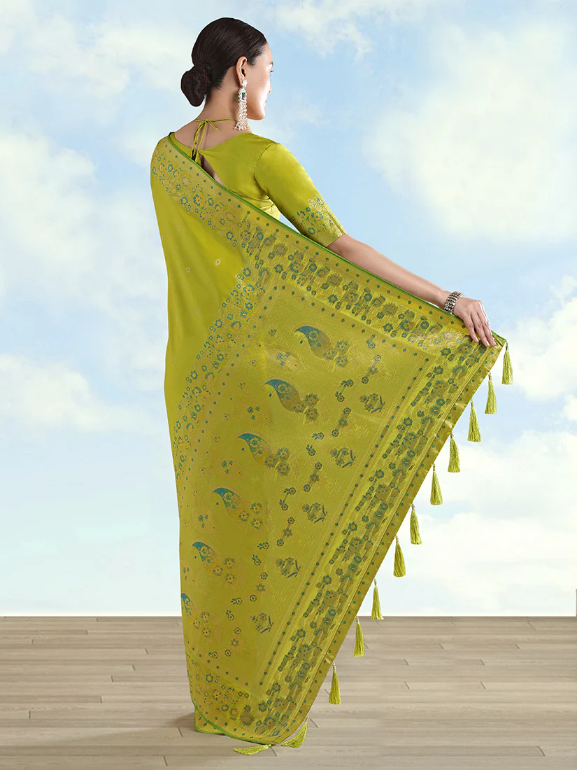 Monjolika Fashion Pear Banarasi Satin Silk Saree With Zari Border And Butti Work - Image 4