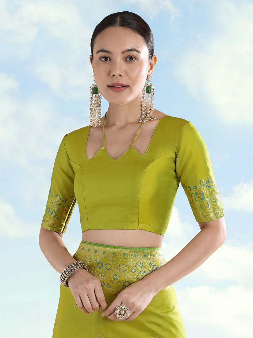 Monjolika Fashion Pear Banarasi Satin Silk Saree With Zari Border And Butti Work - Image 5