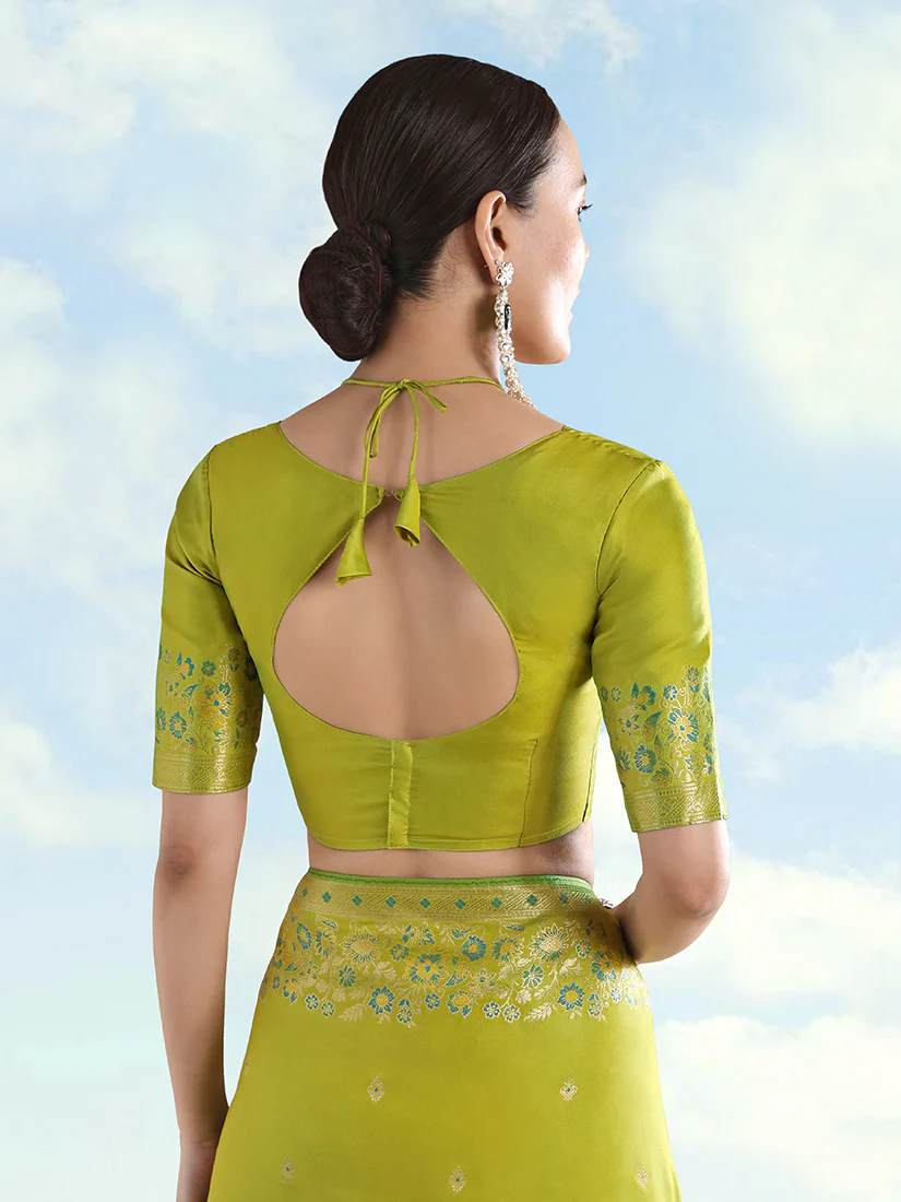 Monjolika Fashion Pear Banarasi Satin Silk Saree With Zari Border And Butti Work - Image 6