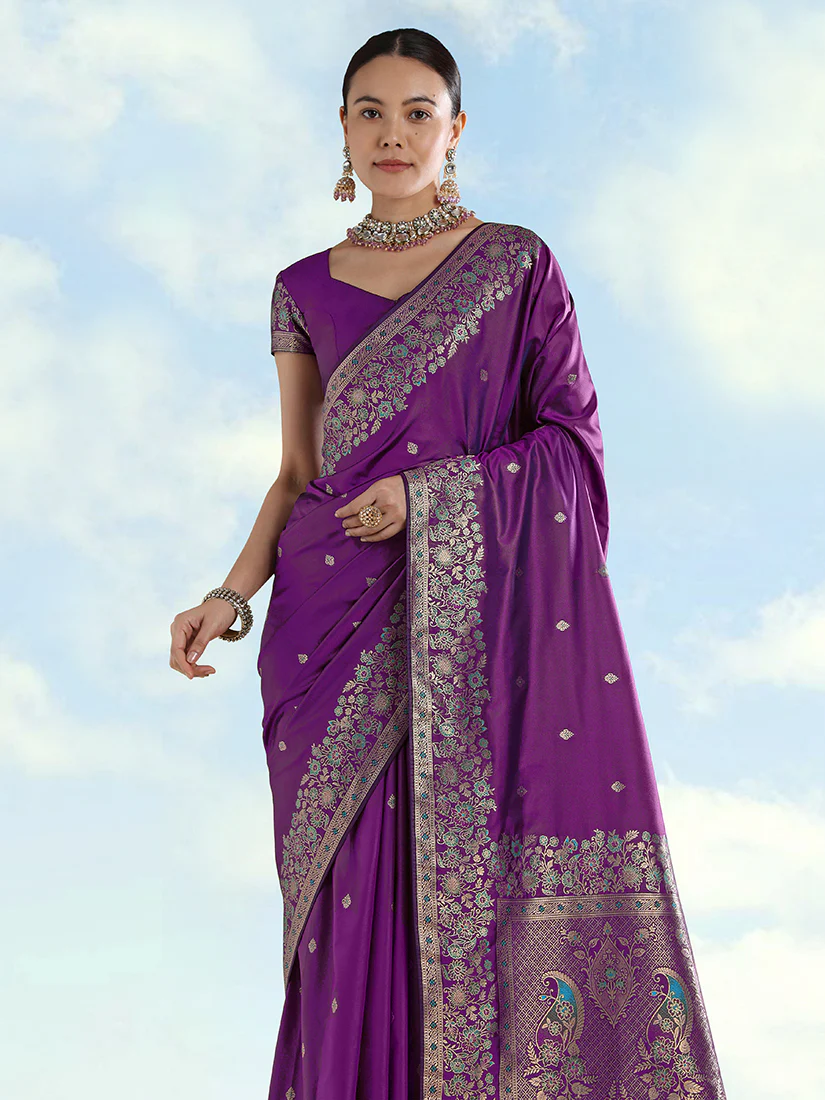 Monjolika Fashion Purple Banarasi Satin Silk Saree With Zari Border And Butti Work - Image 2