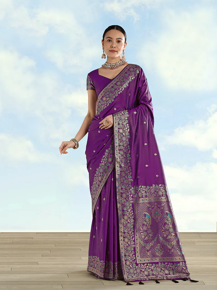 Monjolika Fashion Purple Banarasi Satin Silk Saree With Zari Border And Butti Work - Image 3