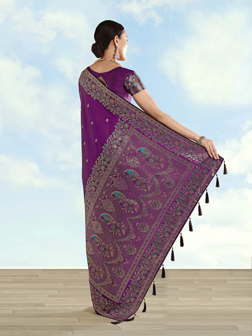 Monjolika Fashion Purple Banarasi Satin Silk Saree With Zari Border And Butti Work - Image 4