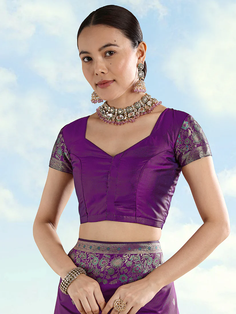 Monjolika Fashion Purple Banarasi Satin Silk Saree With Zari Border And Butti Work - Image 5