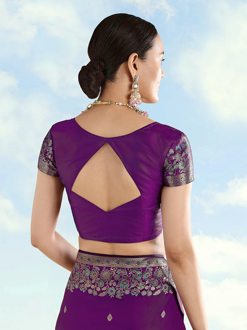 Monjolika Fashion Purple Banarasi Satin Silk Saree With Zari Border And Butti Work - Image 6