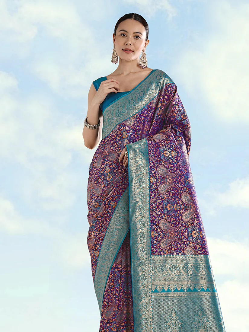 Monjolika Fashion Purple Banarasi Silk Saree With Traditional Paisley Weaves - Image 3