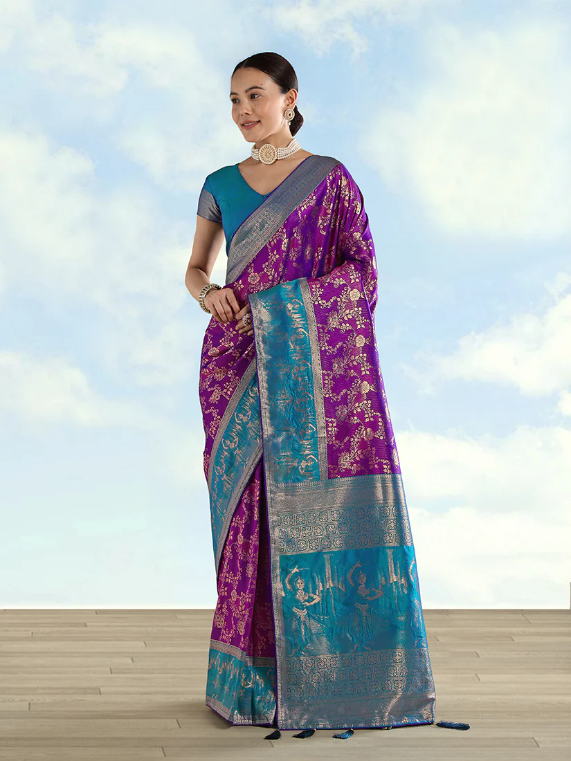 Monjolika Fashion Purple Banarasi Silk Saree With Zari Woven Design