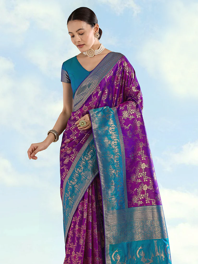 Monjolika Fashion Purple Banarasi Silk Saree With Zari Woven Design - Image 2