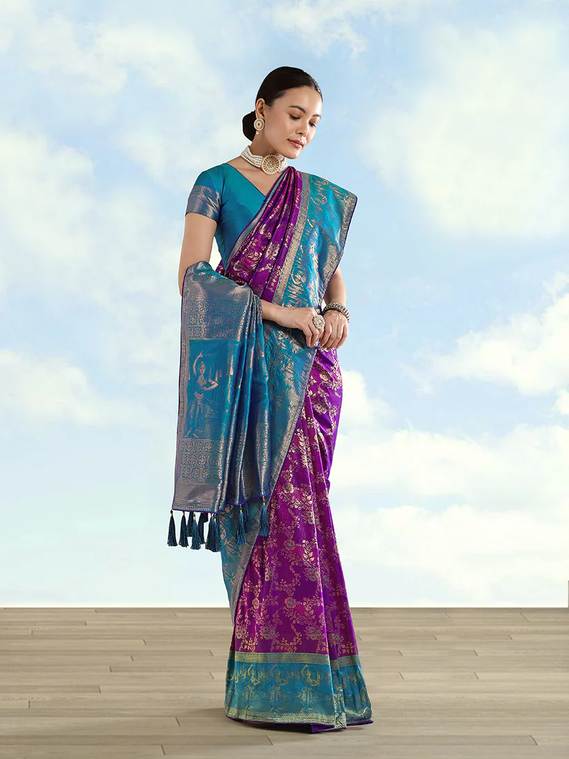 Monjolika Fashion Purple Banarasi Silk Saree With Zari Woven Design - Image 3