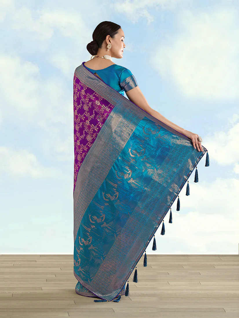 Monjolika Fashion Purple Banarasi Silk Saree With Zari Woven Design - Image 4