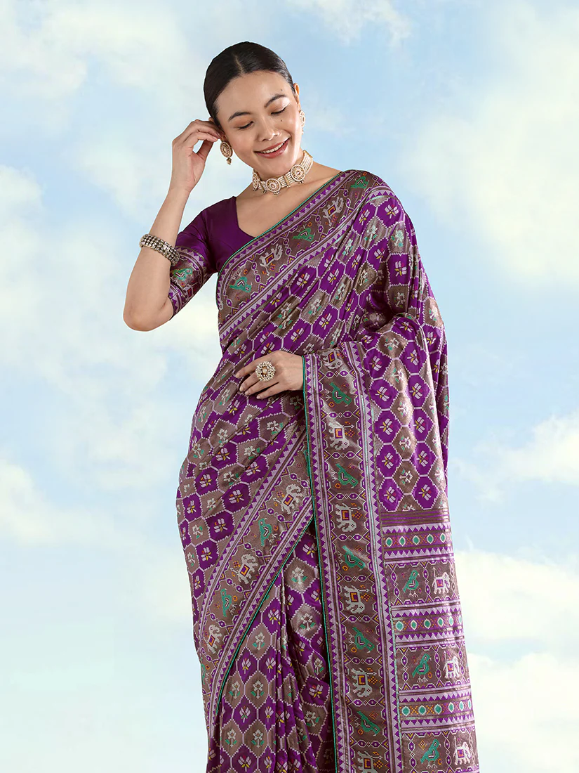 Monjolika Fashion Purple Satin Silk Saree With Patola Work And Elephant Motifs - Image 2