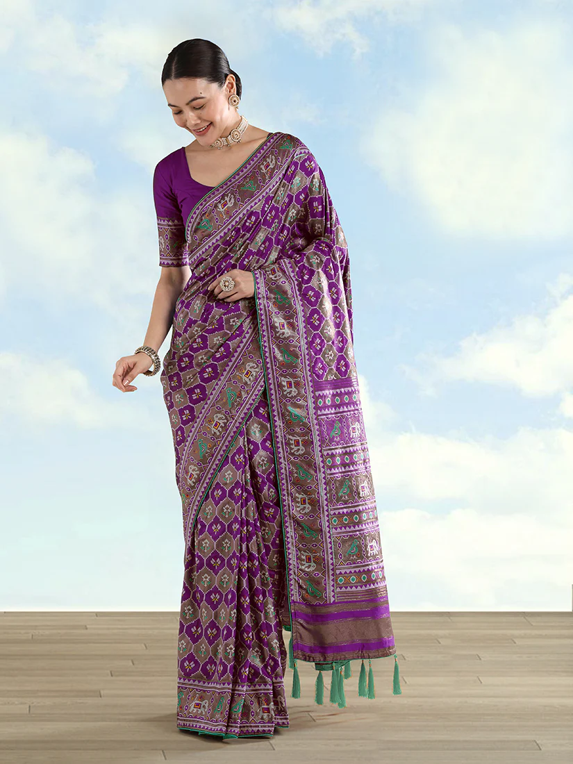 Monjolika Fashion Purple Satin Silk Saree With Patola Work And Elephant Motifs - Image 3