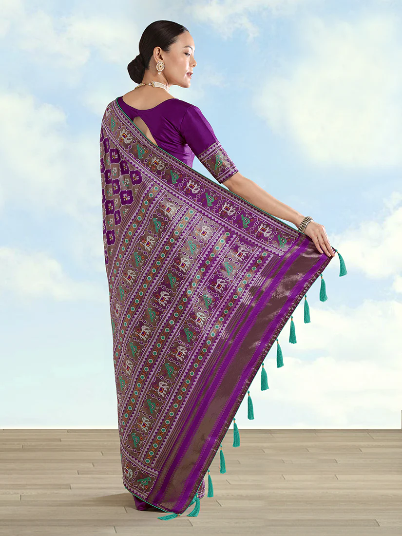 Monjolika Fashion Purple Satin Silk Saree With Patola Work And Elephant Motifs - Image 4