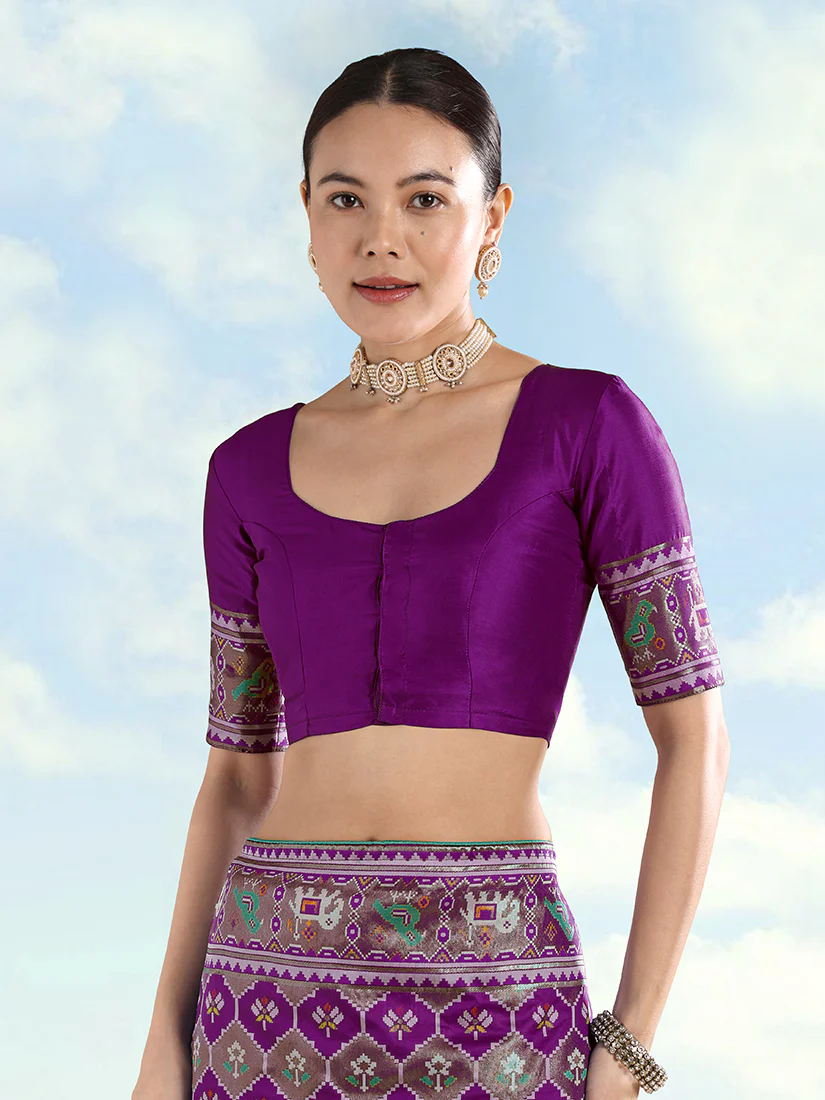 Monjolika Fashion Purple Satin Silk Saree With Patola Work And Elephant Motifs - Image 5
