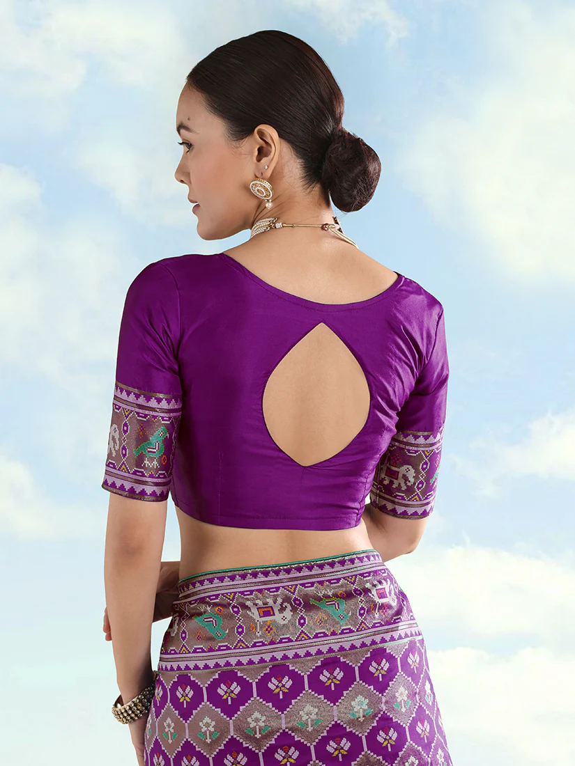 Monjolika Fashion Purple Satin Silk Saree With Patola Work And Elephant Motifs - Image 6