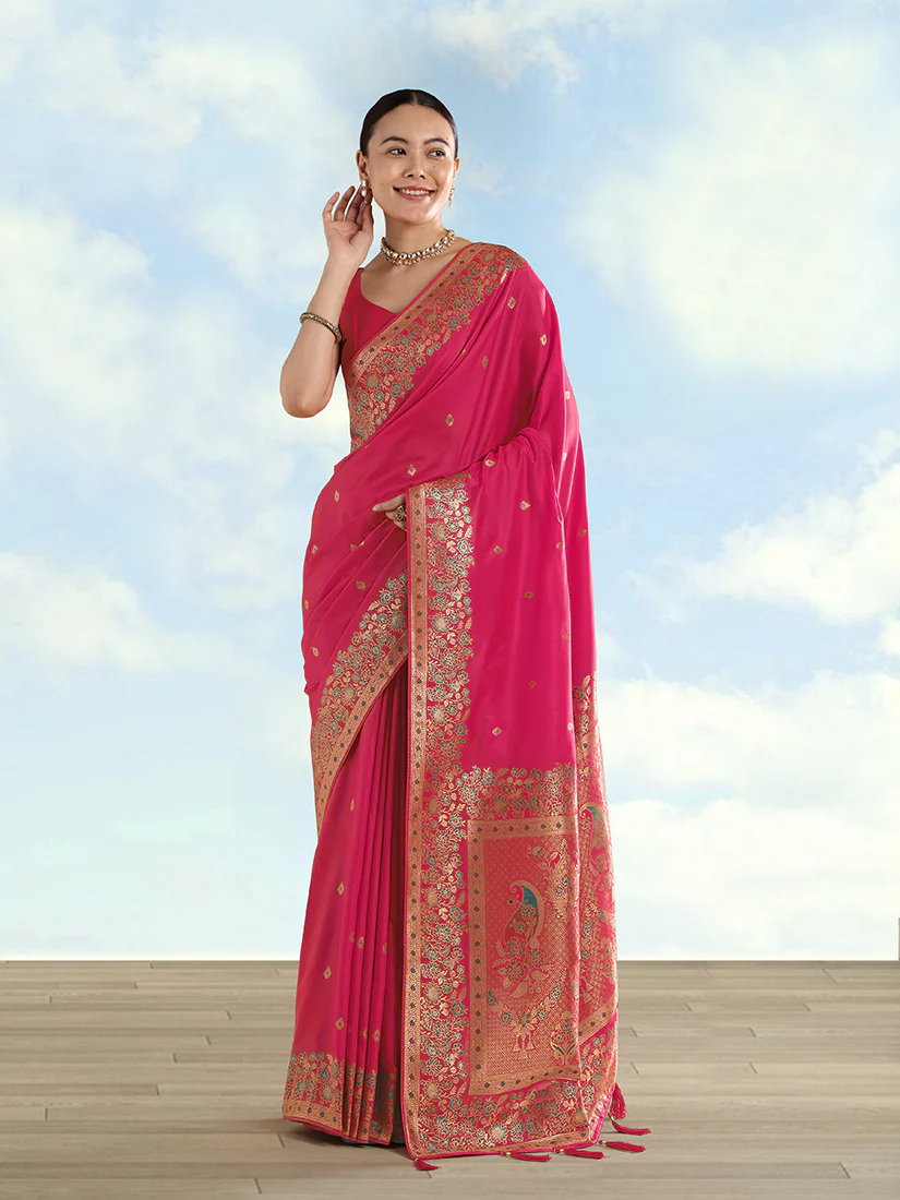 Monjolika Fashion Rani Pink Banarasi Satin Silk Saree With Zari Border And Butti Work