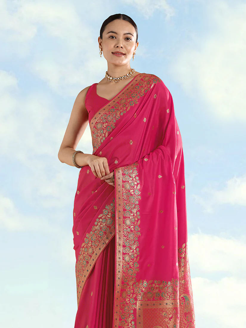 Monjolika Fashion Rani Pink Banarasi Satin Silk Saree With Zari Border And Butti Work - Image 2