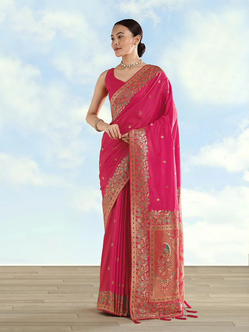 Monjolika Fashion Rani Pink Banarasi Satin Silk Saree With Zari Border And Butti Work - Image 3