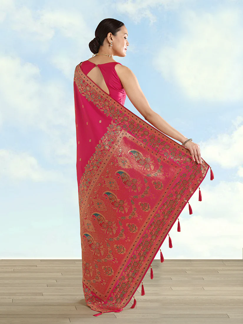 Monjolika Fashion Rani Pink Banarasi Satin Silk Saree With Zari Border And Butti Work - Image 6