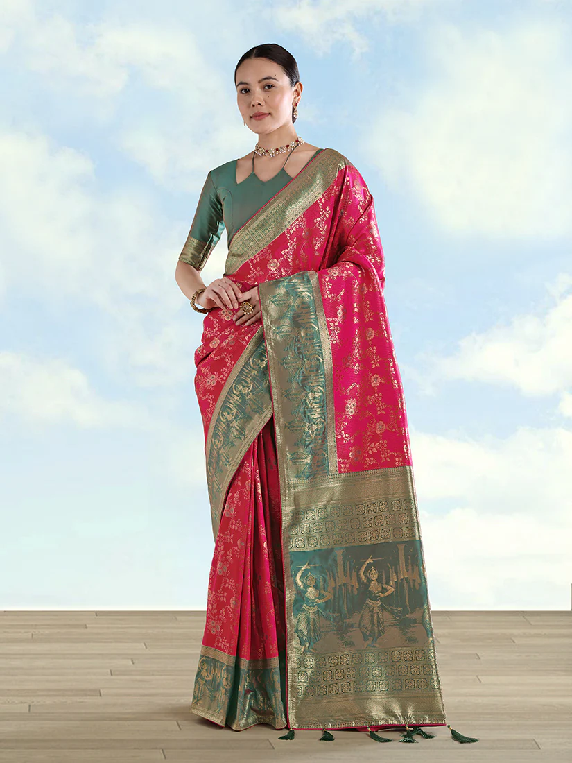 Monjolika Fashion Rani Pink Banarasi Silk Saree With Zari Woven Design - Image 3