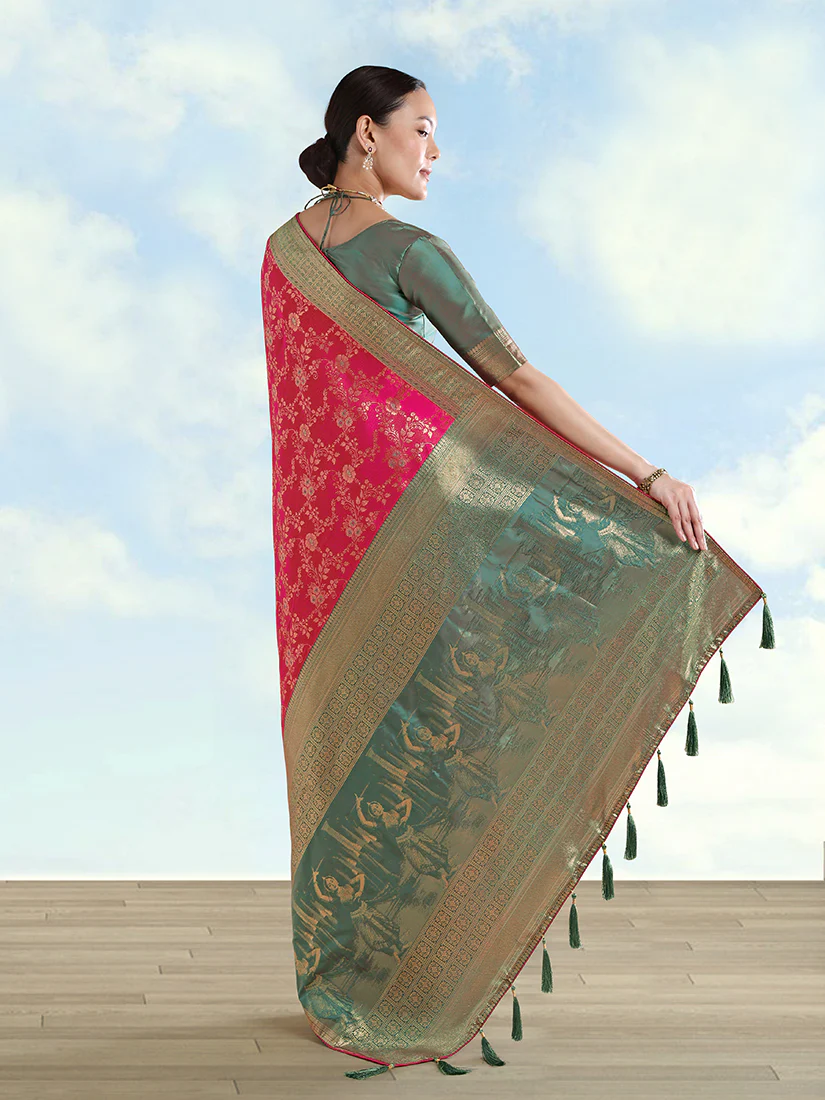 Monjolika Fashion Rani Pink Banarasi Silk Saree With Zari Woven Design - Image 4