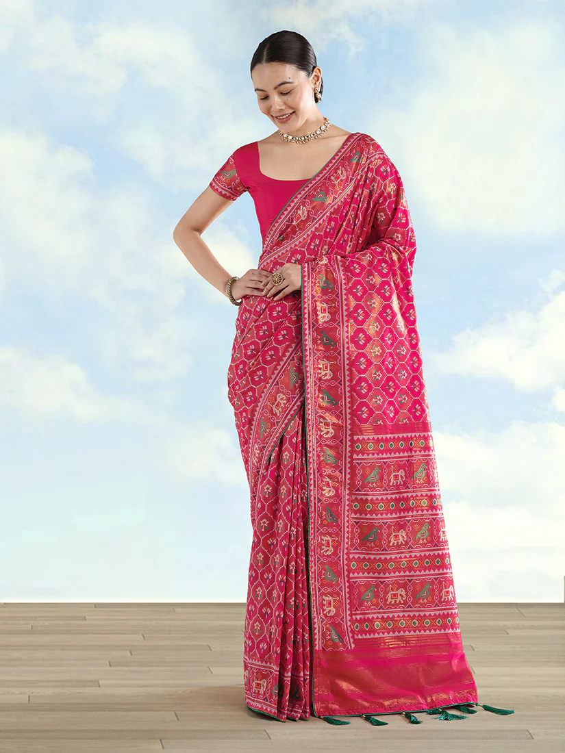 Monjolika Fashion Rani Pink Satin Silk Saree With Patola Work And Elephant Motifs - Image 2