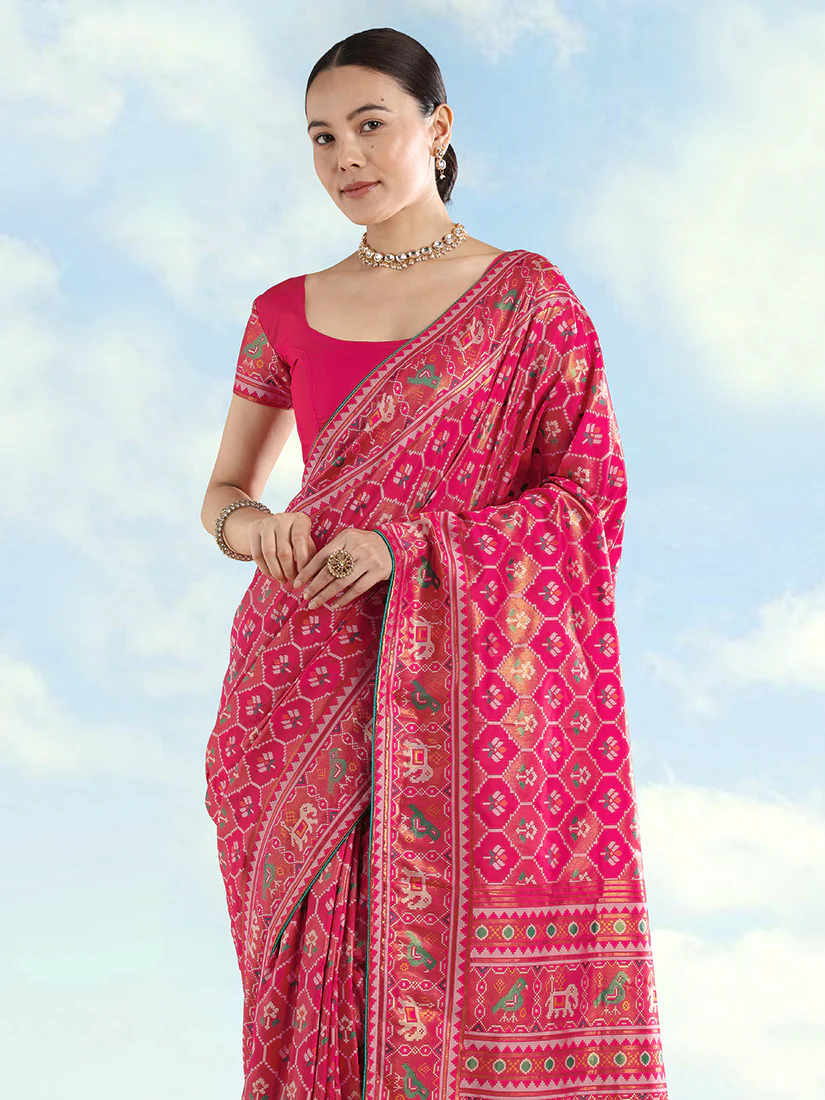 Monjolika Fashion Rani Pink Satin Silk Saree With Patola Work And Elephant Motifs - Image 3