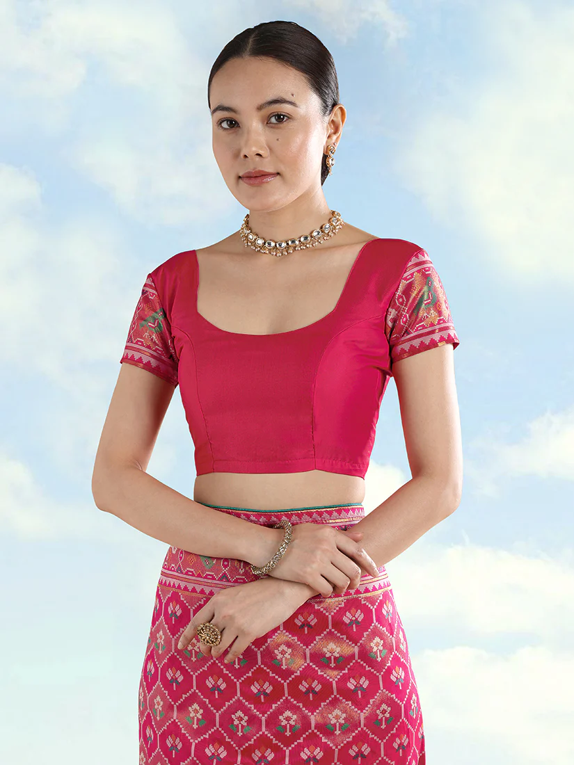 Monjolika Fashion Rani Pink Satin Silk Saree With Patola Work And Elephant Motifs - Image 4