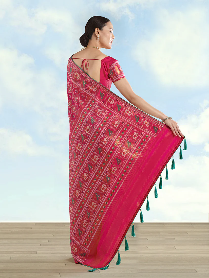 Monjolika Fashion Rani Pink Satin Silk Saree With Patola Work And Elephant Motifs - Image 5